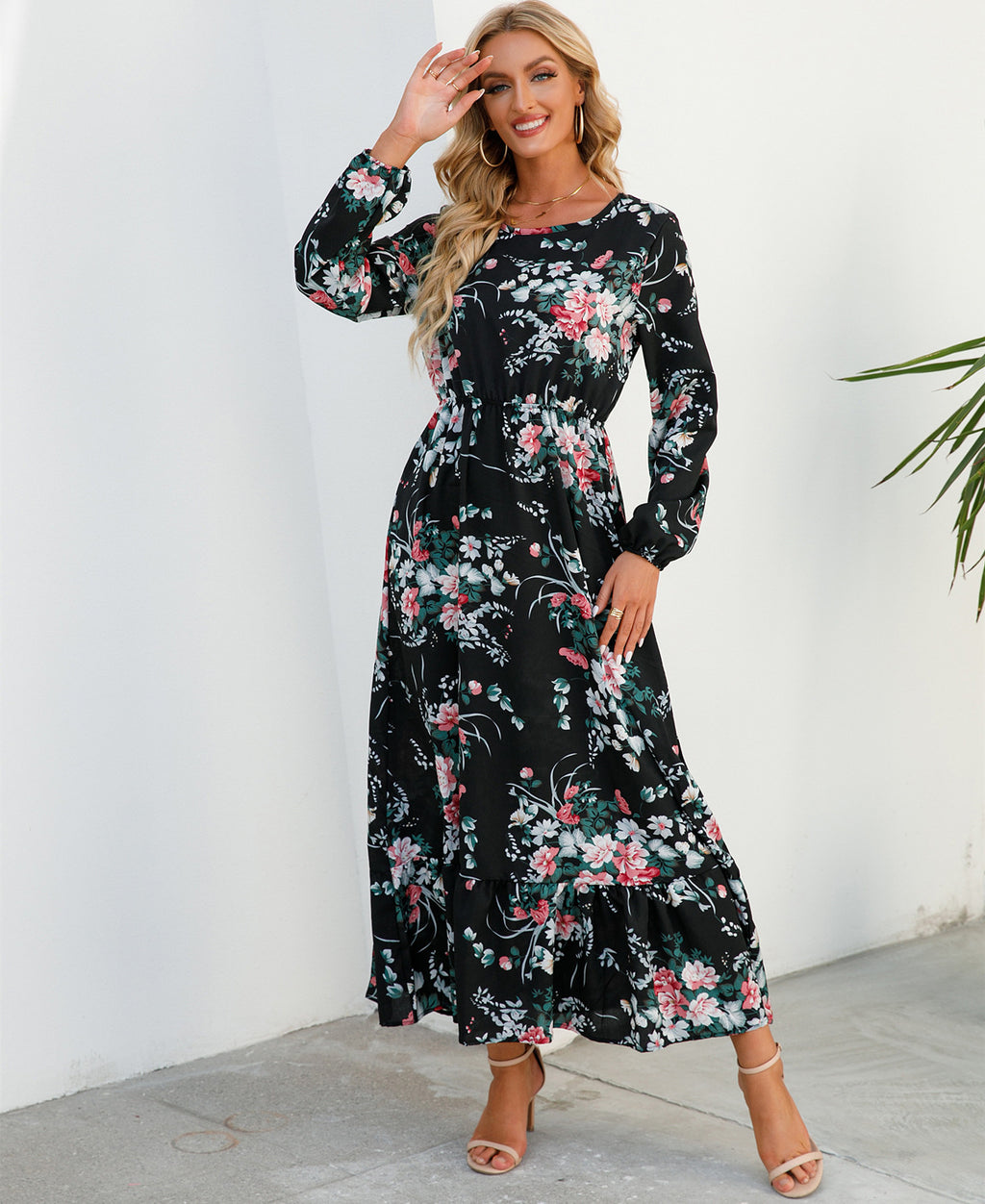 Women's Graceful And Fashionable Round Neck Floral Dress - ANIBEY