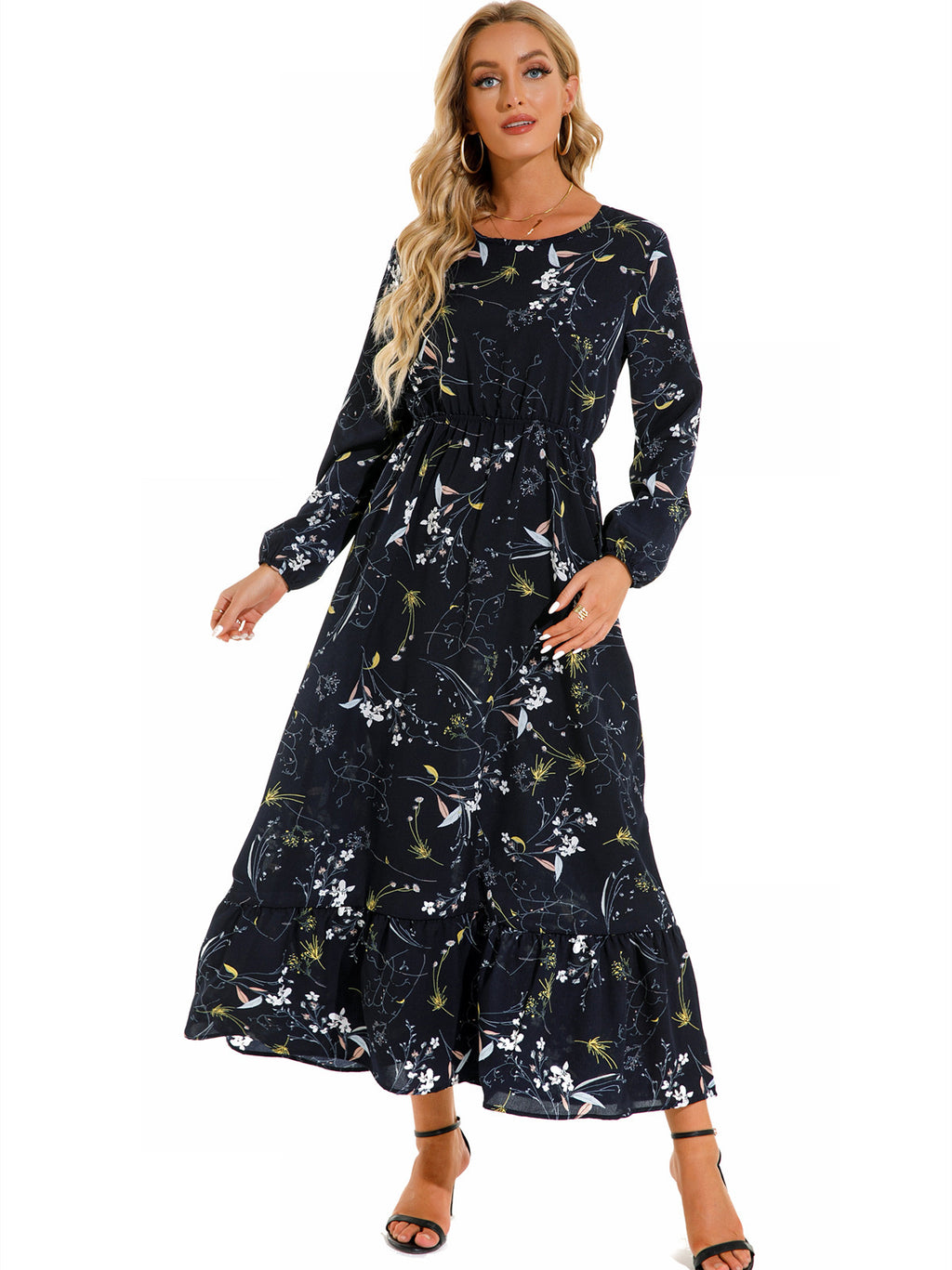 Women's Graceful And Fashionable Round Neck Floral Dress - ANIBEY