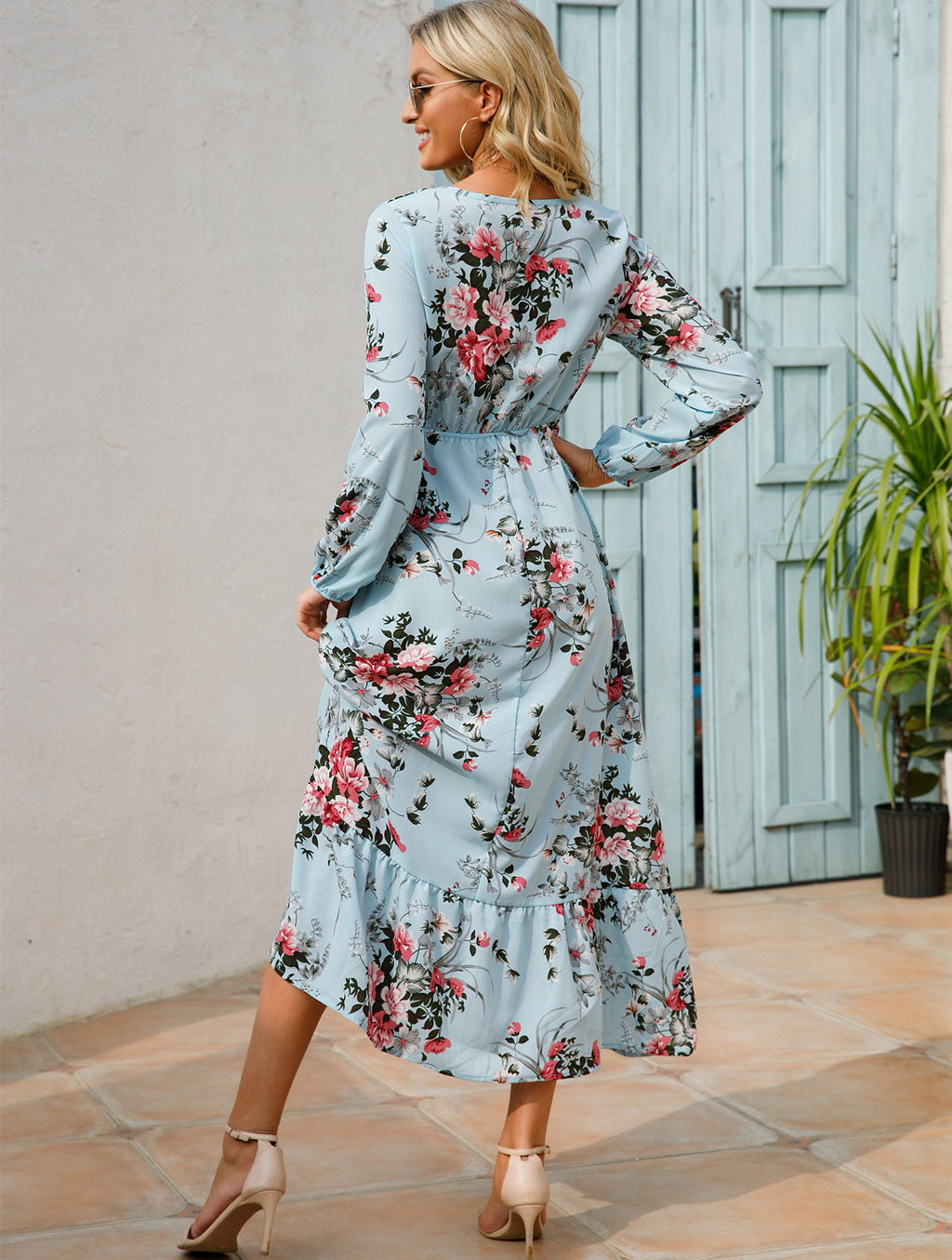 Women's Graceful And Fashionable Round Neck Floral Dress - ANIBEY