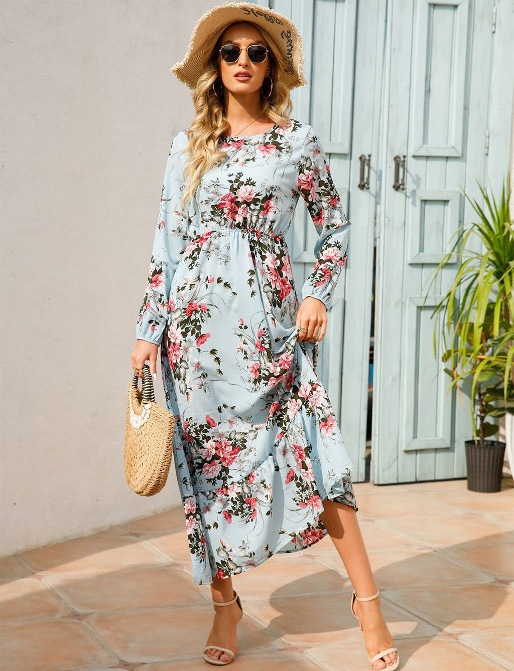 Women's Graceful And Fashionable Round Neck Floral Dress - ANIBEY