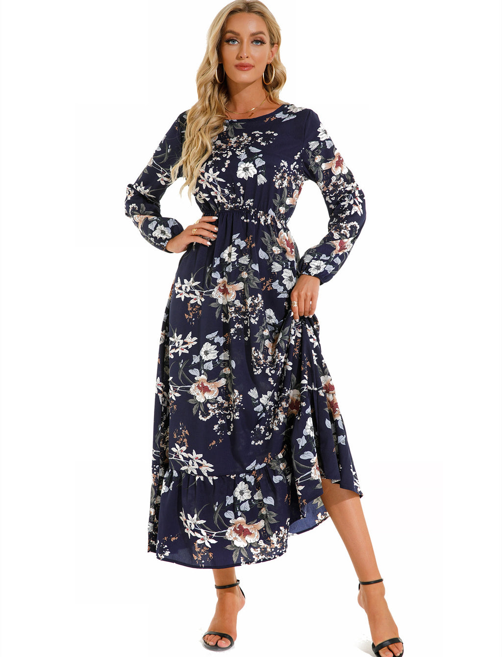 Women's Graceful And Fashionable Round Neck Floral Dress - ANIBEY