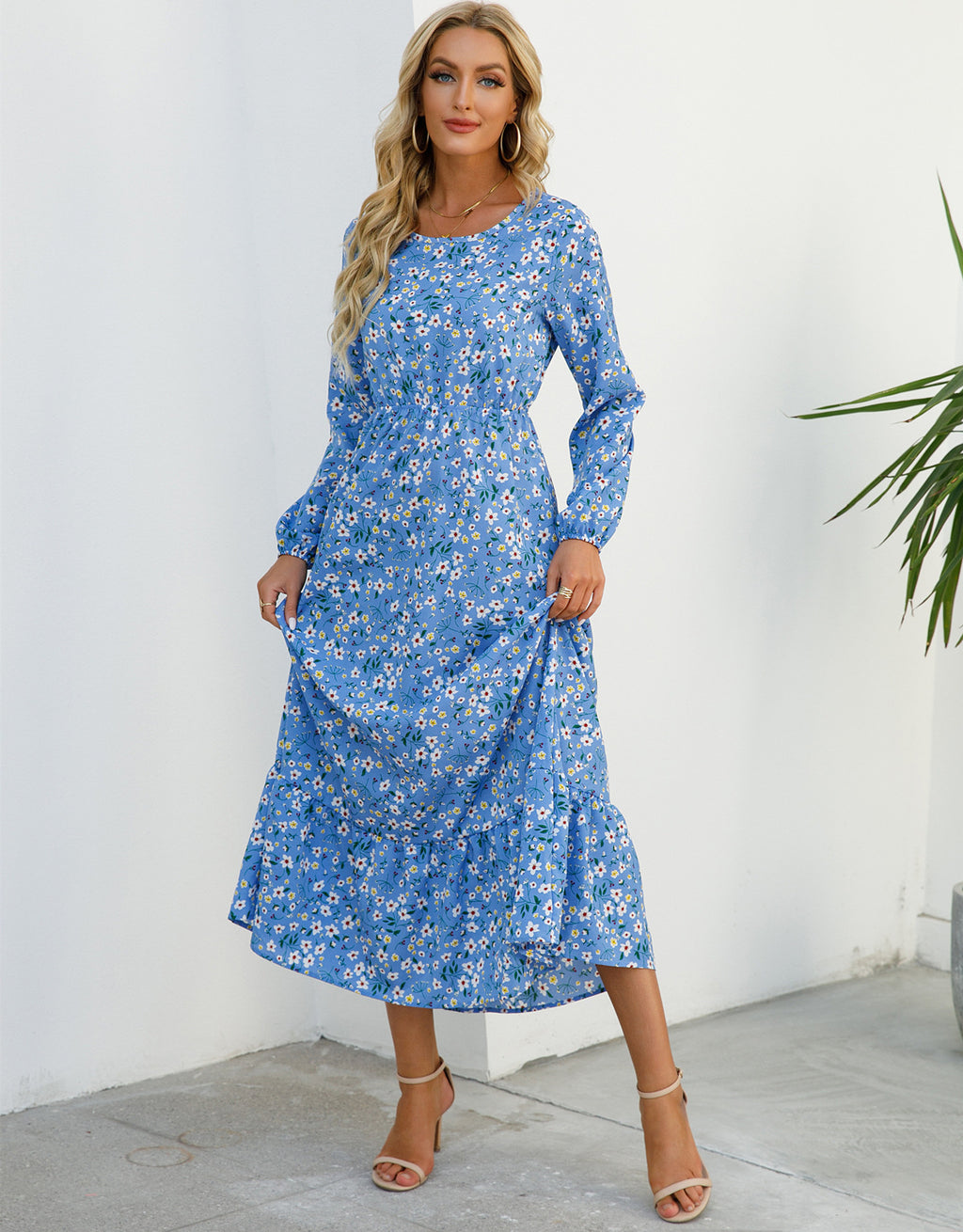Women's Graceful And Fashionable Round Neck Floral Dress - ANIBEY