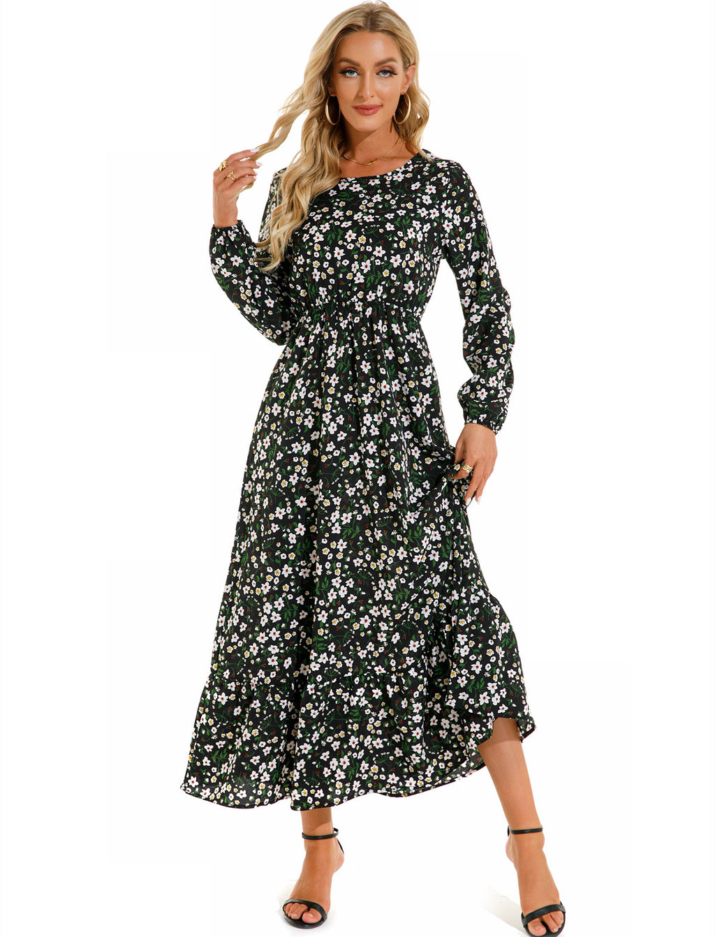 Women's Graceful And Fashionable Round Neck Floral Dress - ANIBEY