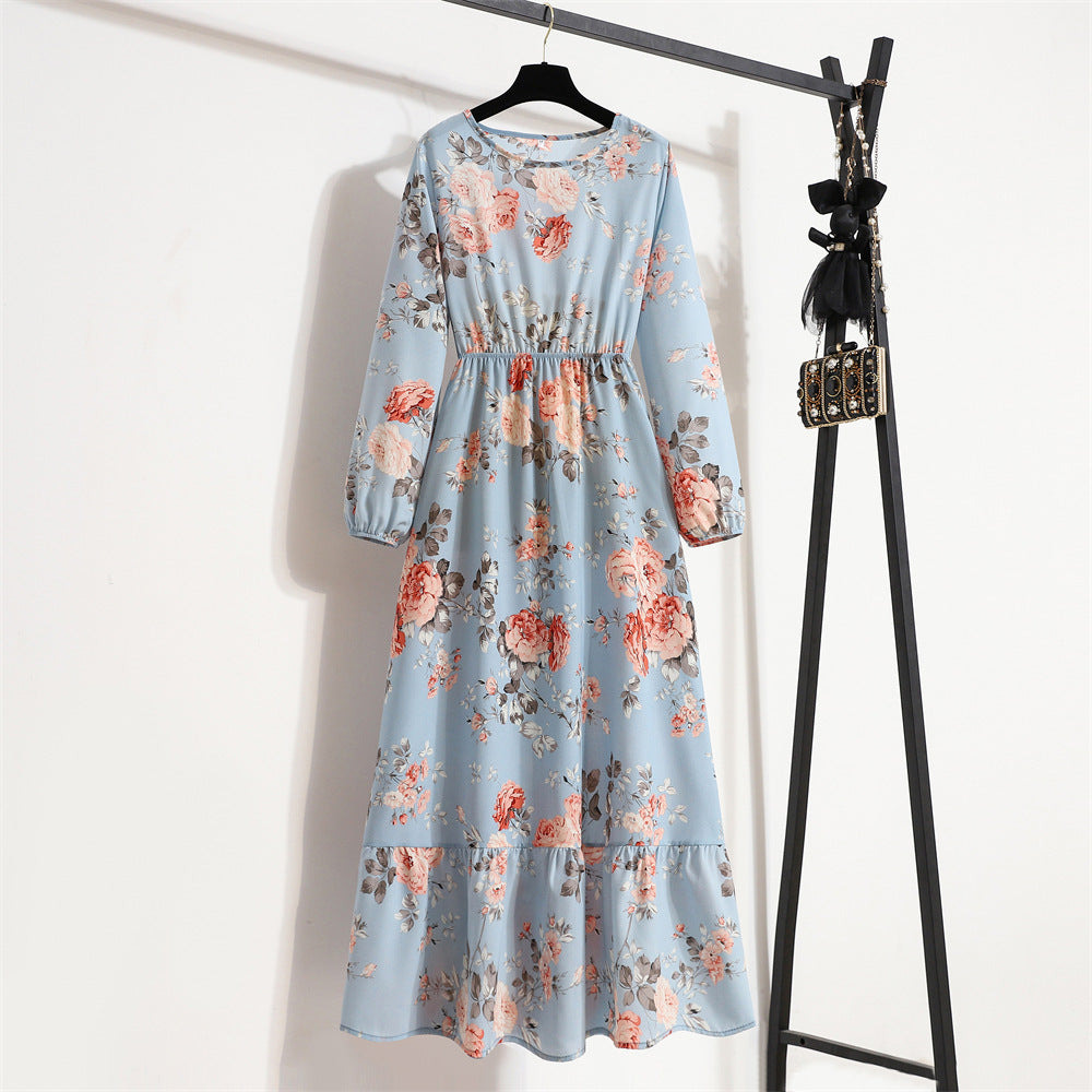 Women's Graceful And Fashionable Round Neck Floral Dress - ANIBEY