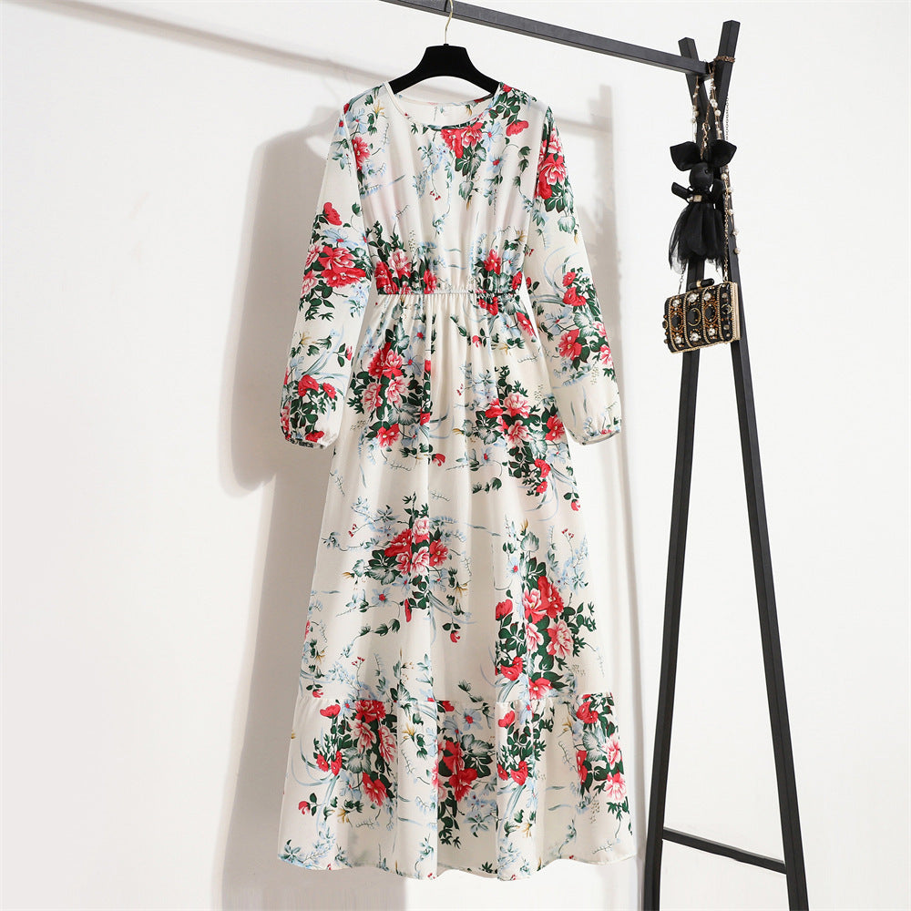 Women's Graceful And Fashionable Round Neck Floral Dress - ANIBEY