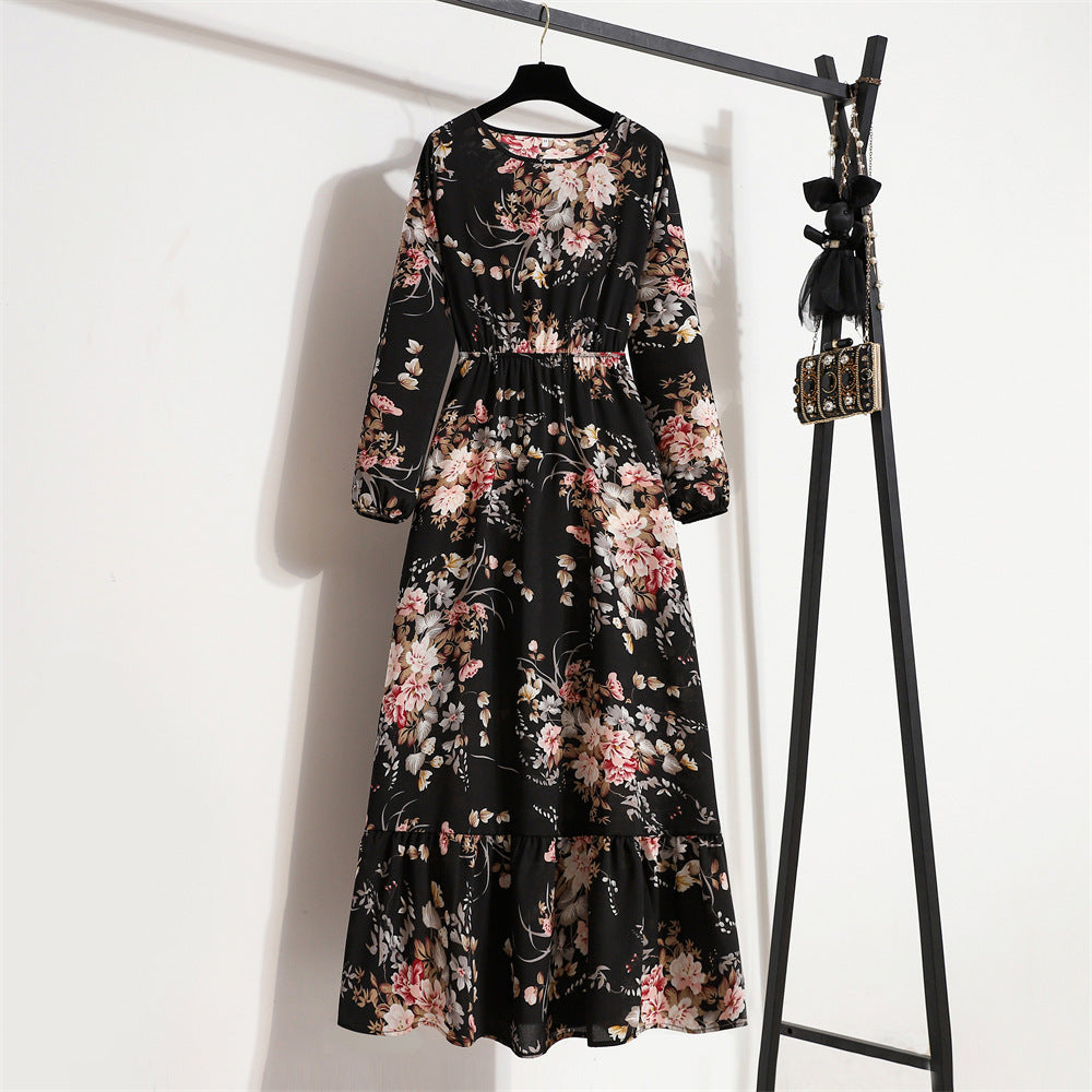 Women's Graceful And Fashionable Round Neck Floral Dress - ANIBEY