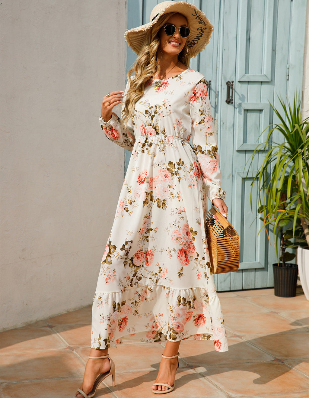 Women's Graceful And Fashionable Round Neck Floral Dress - ANIBEY