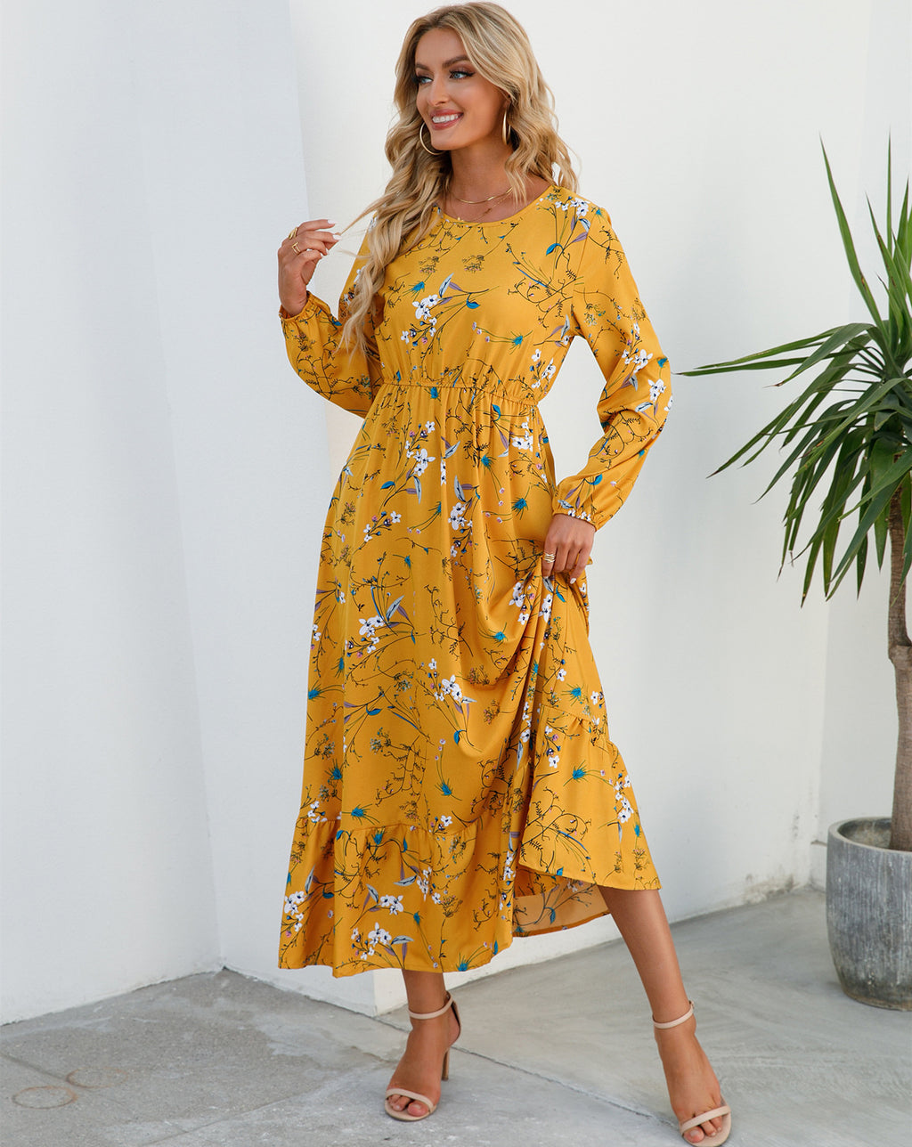 Women's Graceful And Fashionable Round Neck Floral Dress - ANIBEY
