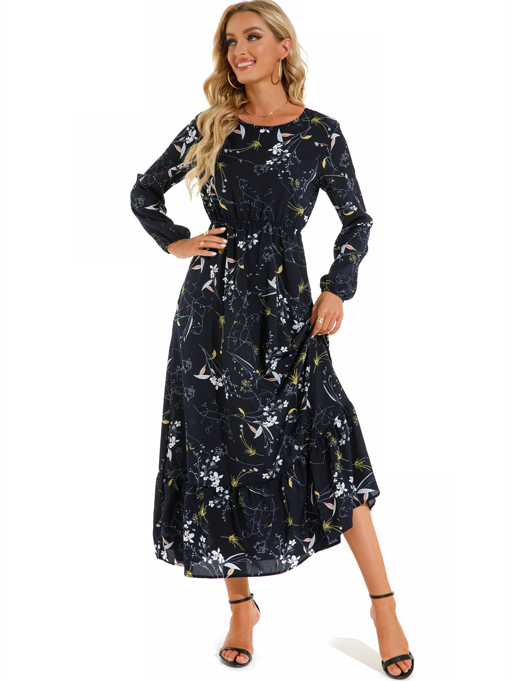 Women's Graceful And Fashionable Round Neck Floral Dress - ANIBEY