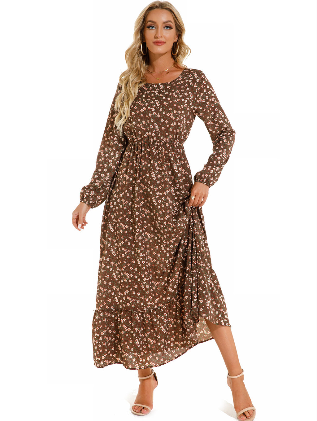 Women's Graceful And Fashionable Round Neck Floral Dress - ANIBEY