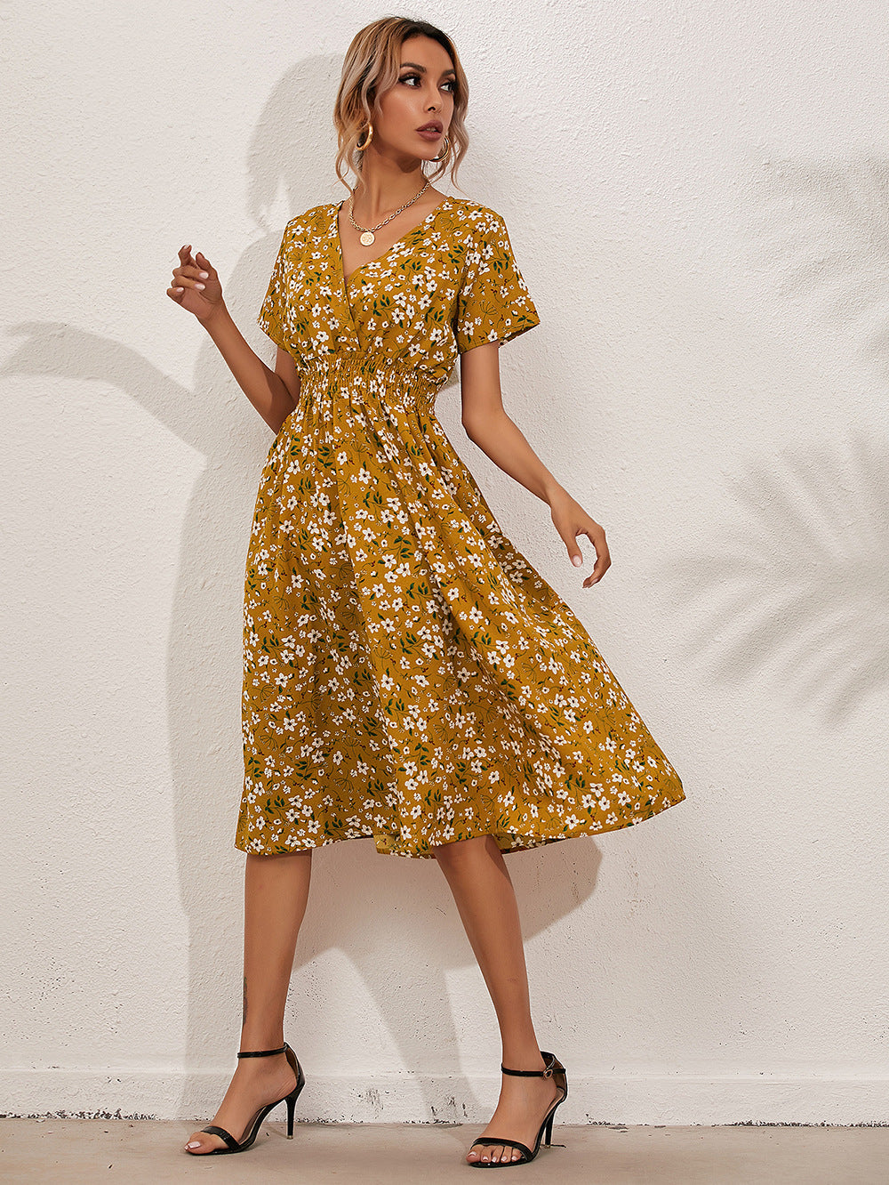 Floral Print Short Sleeve Dress - ANIBEY