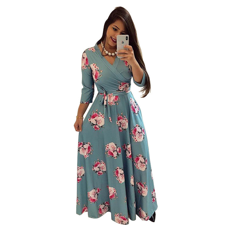 Sexy V-neck European And American Fashion Light Mature Knitted Long Skirt And Big Swing Dress - ANIBEY