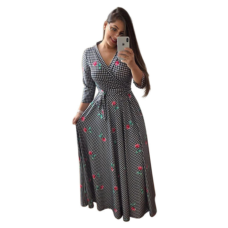 Sexy V-neck European And American Fashion Light Mature Knitted Long Skirt And Big Swing Dress - ANIBEY