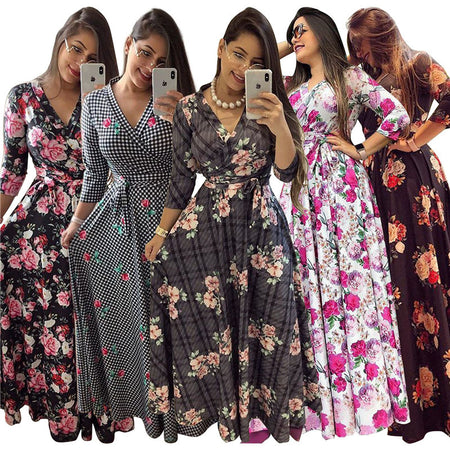 Sexy V-neck European And American Fashion Light Mature Knitted Long Skirt And Big Swing Dress - ANIBEY