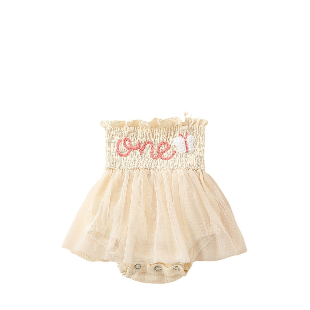 Towel Embroidery Mesh Slip Dress Bowknot Headband Two-piece Set - ANIBEY