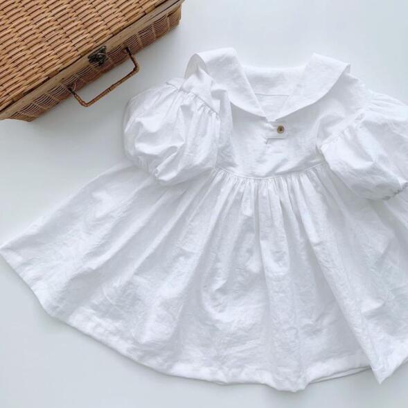Cotton And Linen Bubble Three-quarter Sleeve Casual Outing Sailor Collar Dress - ANIBEY