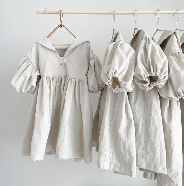 Cotton And Linen Bubble Three-quarter Sleeve Casual Outing Sailor Collar Dress - ANIBEY