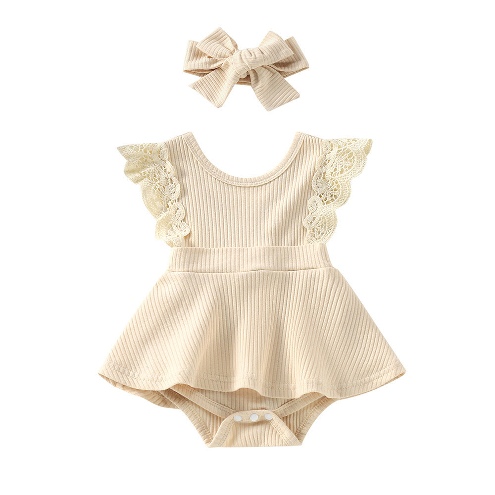 Sleeveless Small Floral Baby Girl Triangle Romper With Headgear - ANIBEY