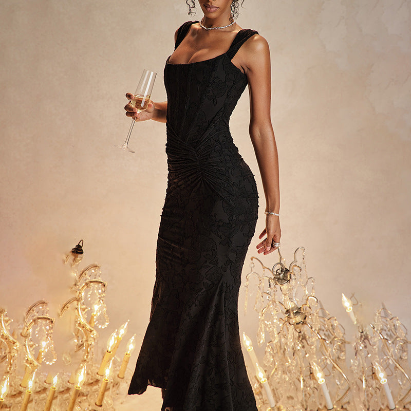 Fashion Off-neck Tube Top Stitching Hip Fishtail Dress - ANIBEY