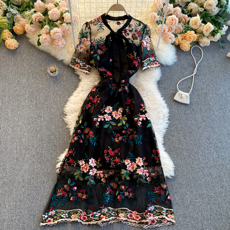 Niche Hepburn Style New Bow-neck Short-sleeved Dress - ANIBEY