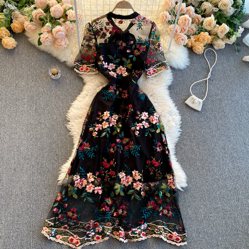 Niche Hepburn Style New Bow-neck Short-sleeved Dress - ANIBEY