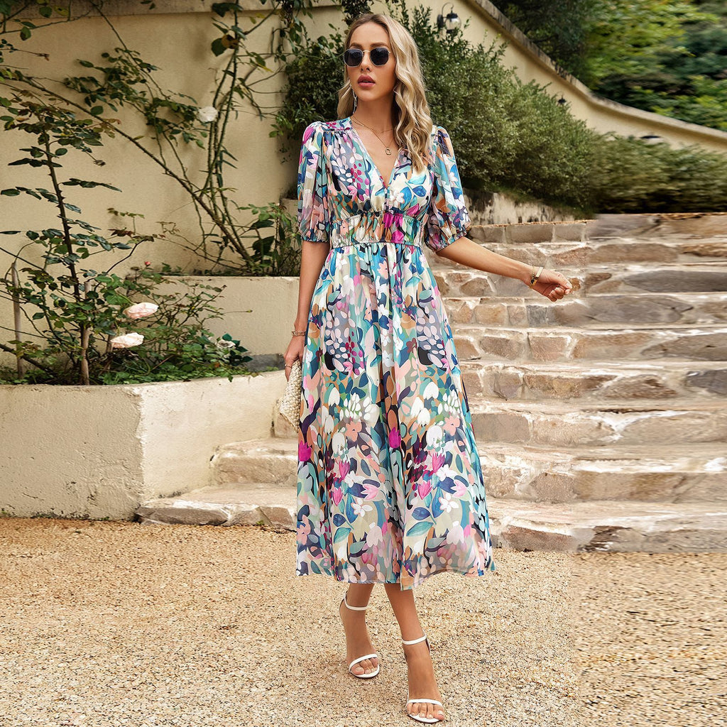 Summer Temperament Waist-controlled V-neck Print Dress - ANIBEY