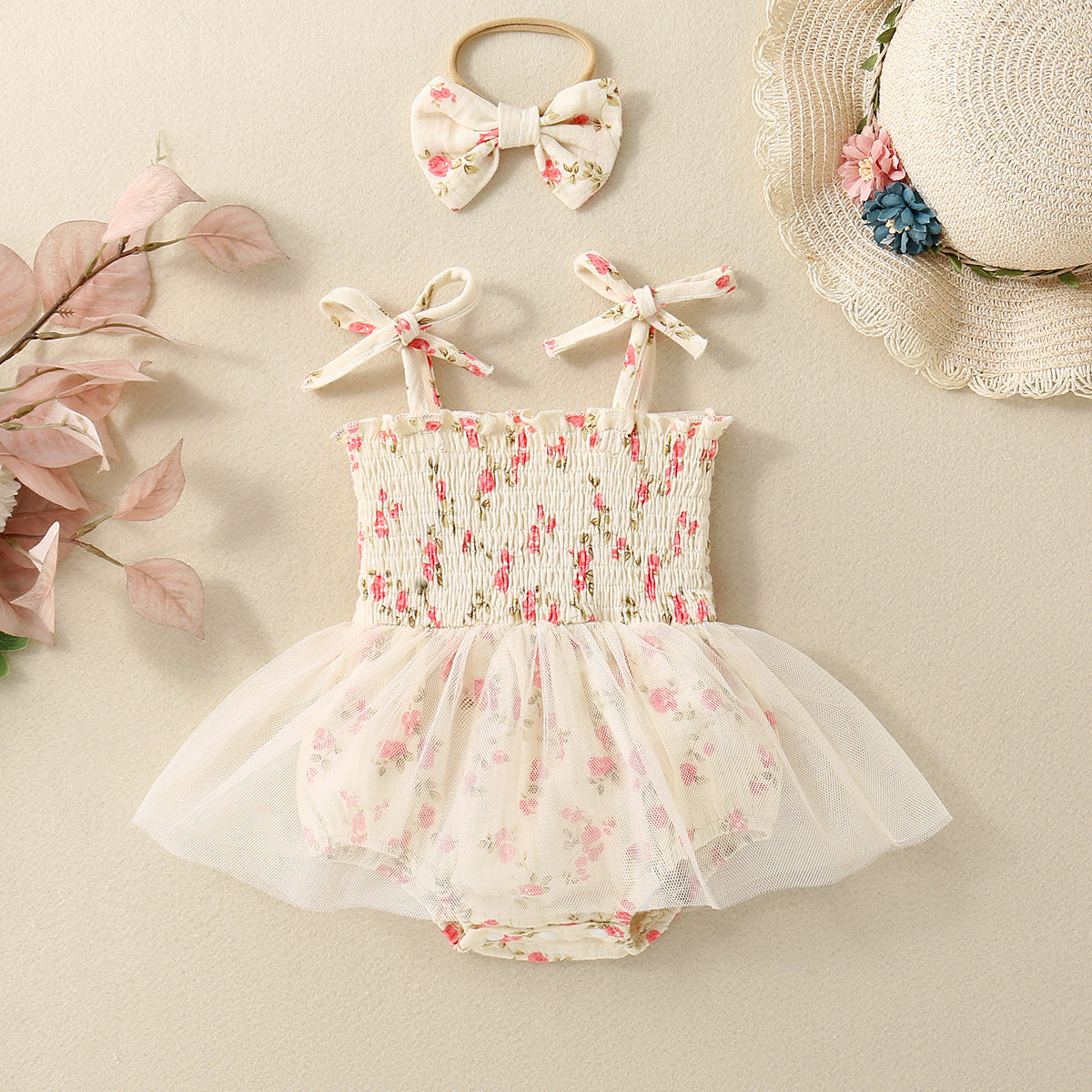 Baby Girl Flower Print Sling Triangle Rompers Tulle Skirt - ANIBEY