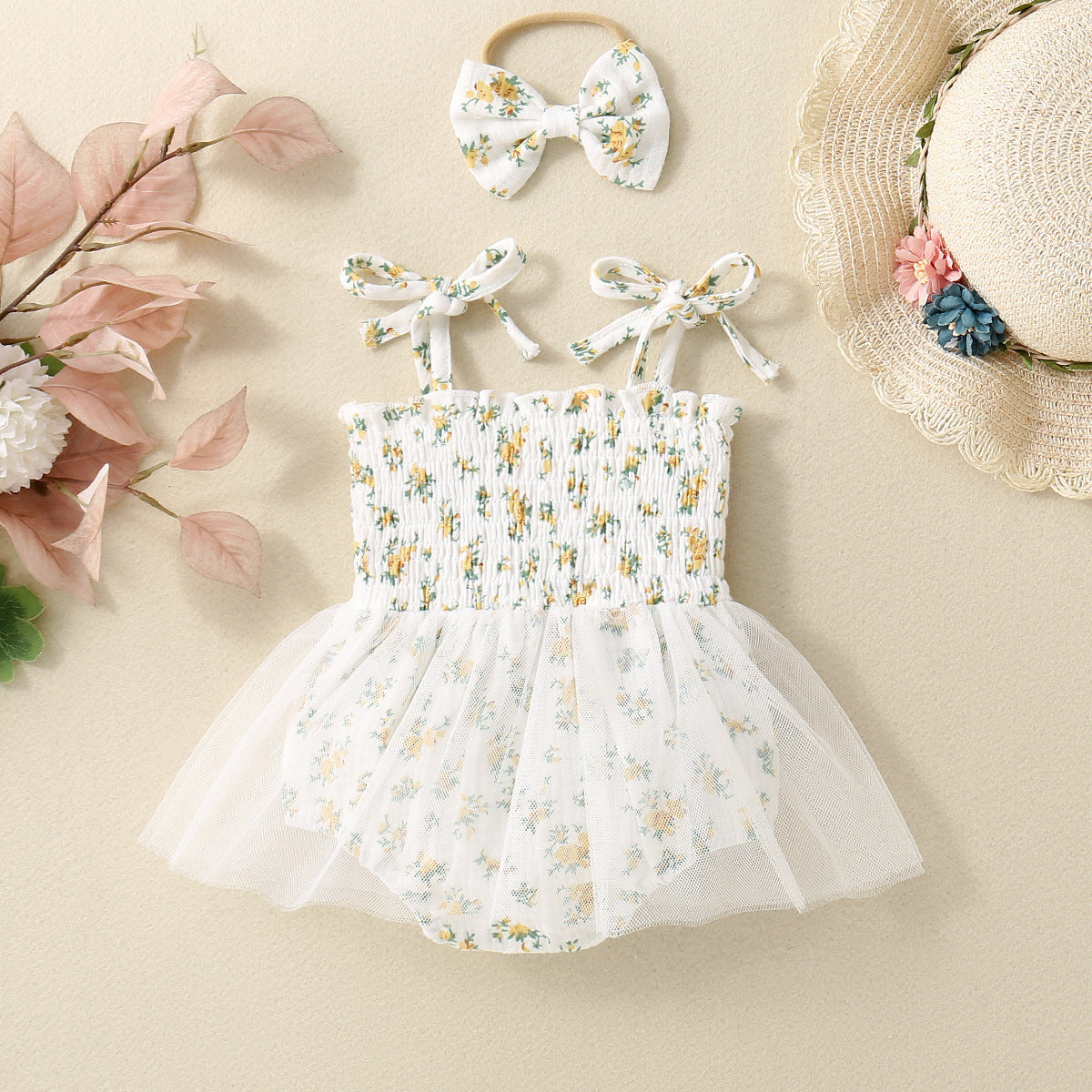Baby Girl Flower Print Sling Triangle Rompers Tulle Skirt - ANIBEY
