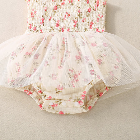 Baby Girl Flower Print Sling Triangle Rompers Tulle Skirt - ANIBEY