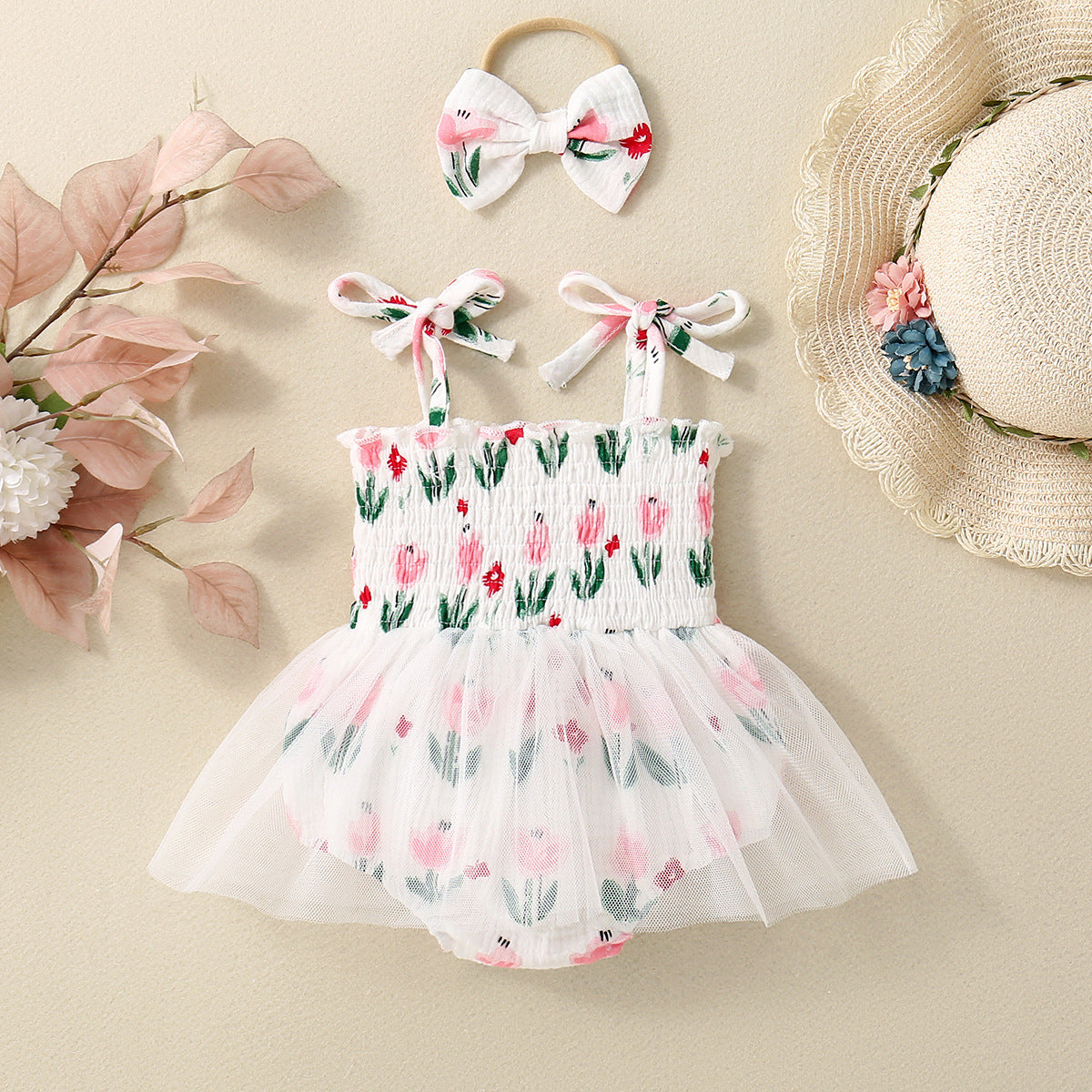 Baby Girl Flower Print Sling Triangle Rompers Tulle Skirt - ANIBEY