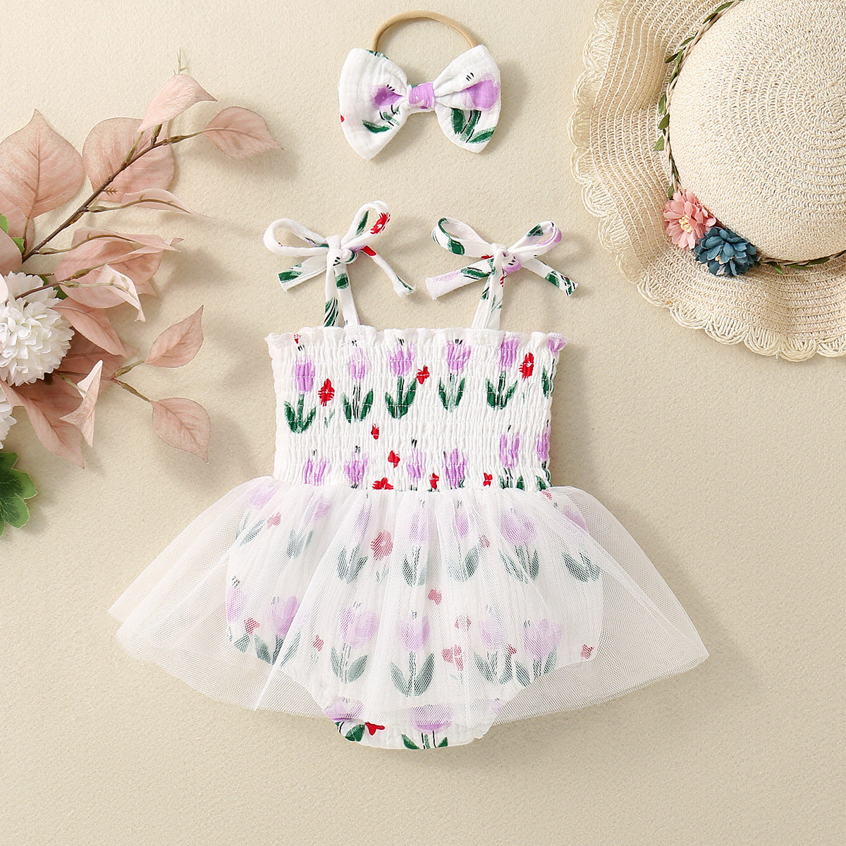 Baby Girl Flower Print Sling Triangle Rompers Tulle Skirt - ANIBEY