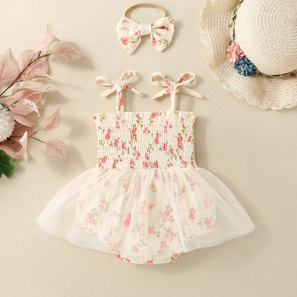 Baby Girl Flower Print Sling Triangle Rompers Tulle Skirt - ANIBEY