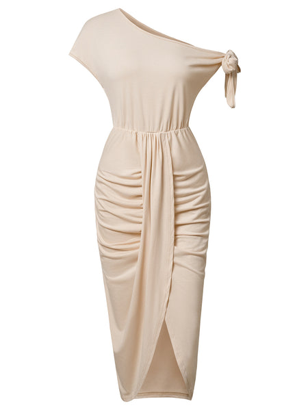Casual Knitted Diagonal Collar Waist Slit Dress - ANIBEY