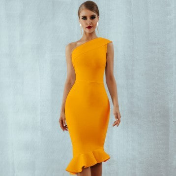 Cross-shoulder dress fishtail slim slim dress - ANIBEY