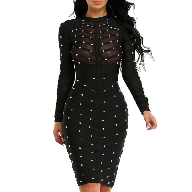 Fashion Women's Beaded Mesh Long Sleeve Slim Dress Women - ANIBEY