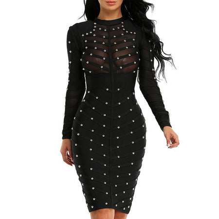 Fashion Women's Beaded Mesh Long Sleeve Slim Dress Women - ANIBEY
