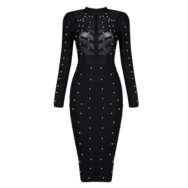 Fashion Women's Beaded Mesh Long Sleeve Slim Dress Women - ANIBEY