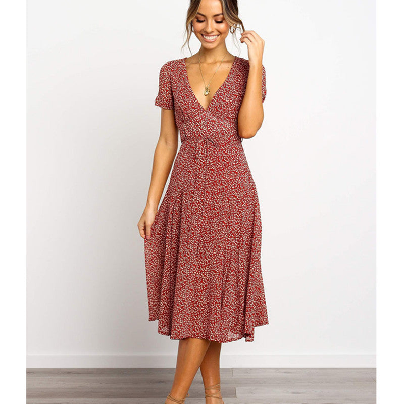 Ladies Dress Printed V-neck Short Sleeve Big Sleeve Long Skirt - ANIBEY