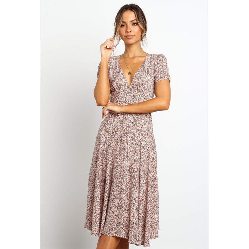 Ladies Dress Printed V-neck Short Sleeve Big Sleeve Long Skirt - ANIBEY