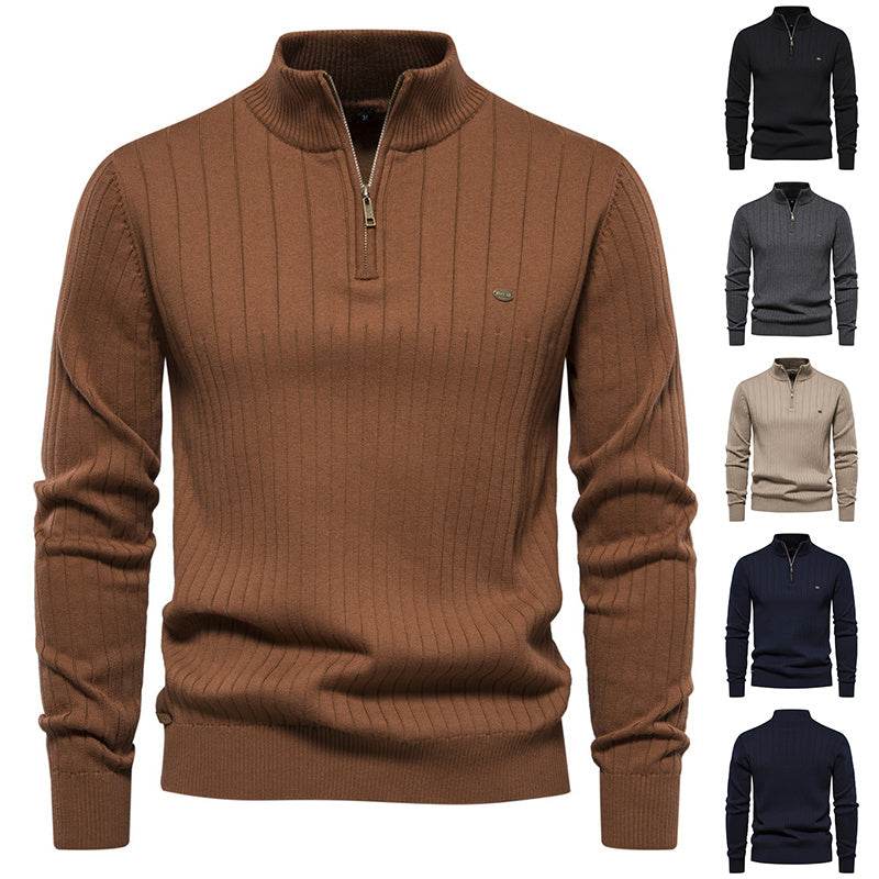 Men's Solid Color Stand Collar Half-Zipper Knit Sweater - ANIBEY