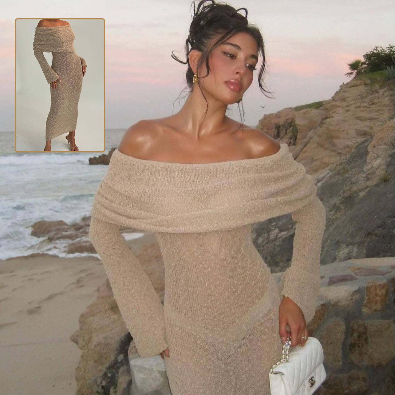 New One-shoulder Knitted Long-sleeved Sexy Beach Holiday Long Dresses - ANIBEY