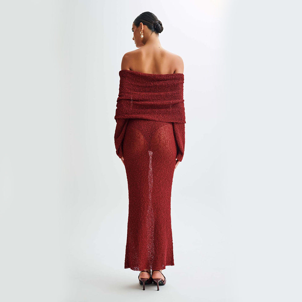 New One-shoulder Knitted Long-sleeved Sexy Beach Holiday Long Dresses - ANIBEY