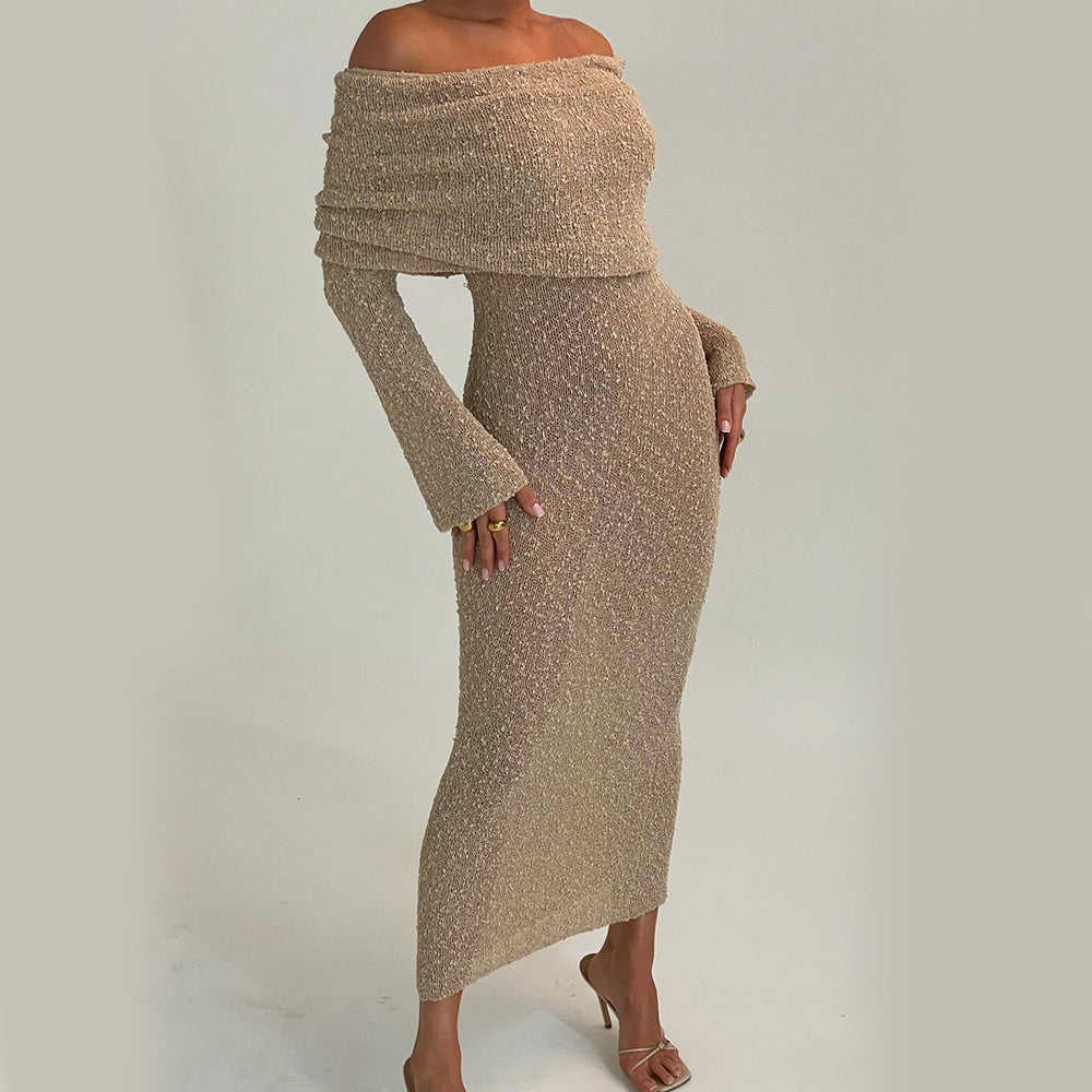 New One-shoulder Knitted Long-sleeved Sexy Beach Holiday Long Dresses - ANIBEY
