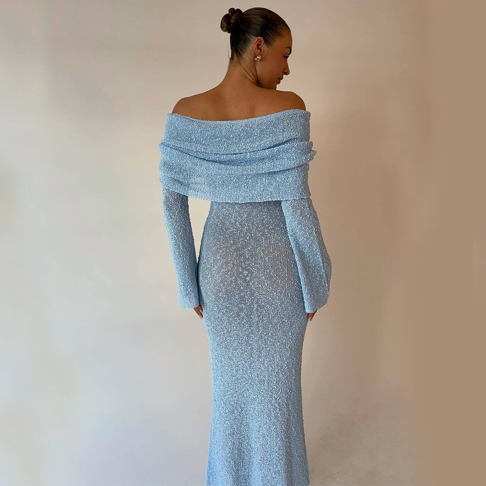 New One-shoulder Knitted Long-sleeved Sexy Beach Holiday Long Dresses - ANIBEY