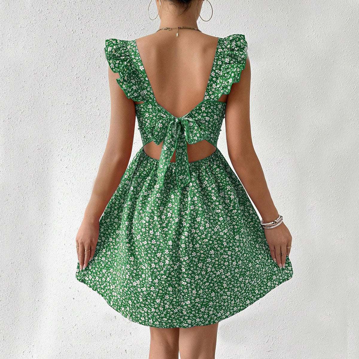 Summer Square-neck Ruffled Sleeveless Dress With Bow-tie Backless Design Fashion Casual Holiday Beach Dresses For Womens Clothing - ANIBEY