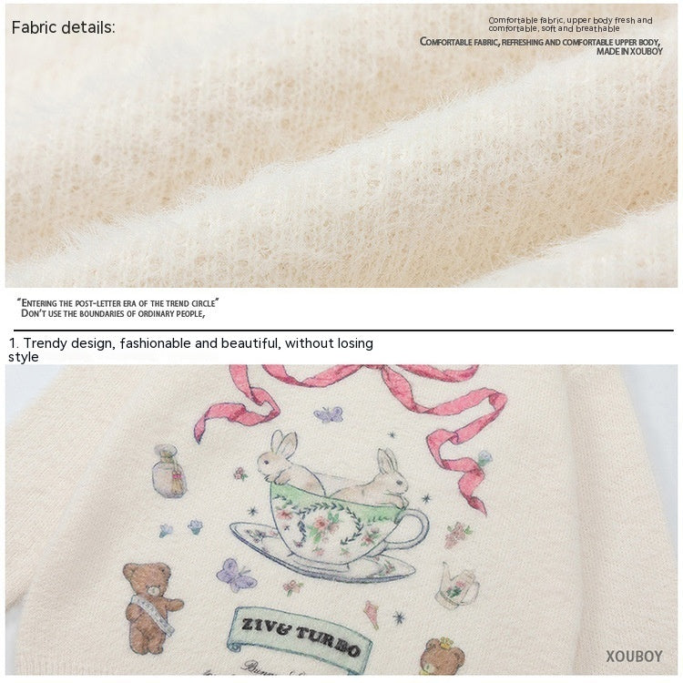 Women's Cute Round Neck Bow Print Sweater - ANIBEY