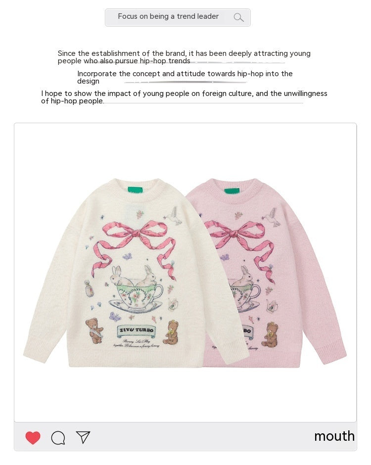 Women's Cute Round Neck Bow Print Sweater - ANIBEY