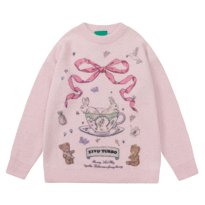 Women's Cute Round Neck Bow Print Sweater - ANIBEY