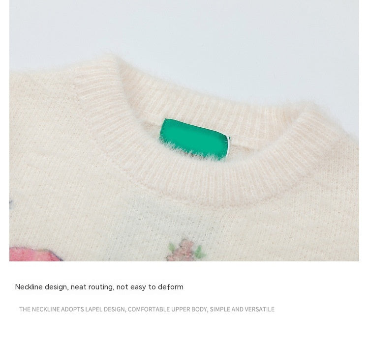 Women's Cute Round Neck Bow Print Sweater - ANIBEY