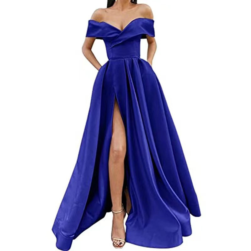 Women's Off-Shoulder Satin Thigh Slit Solid Color Long Dress - ANIBEY